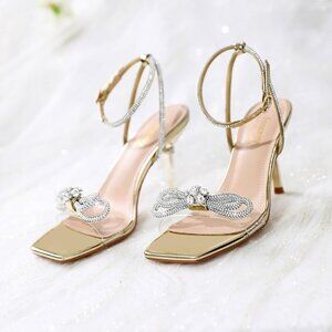 Women's Gold+bl Closed Toe Rhinestone Wedding Low Slingback Clear Kitten Heels